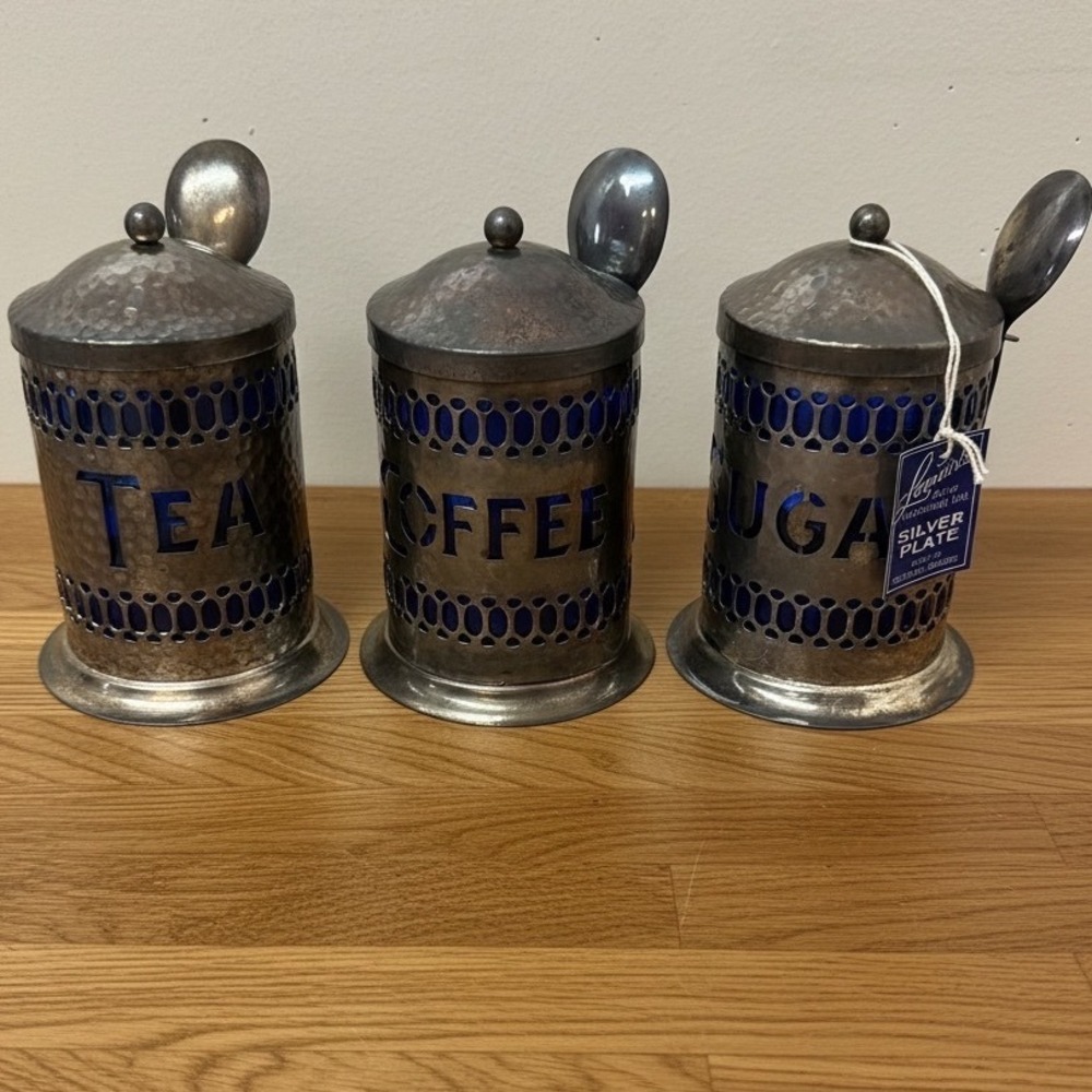 Leonard Silver Sheffield Cobalt Blue Glass Tea Coffee Sugar Canister Set 3pc
